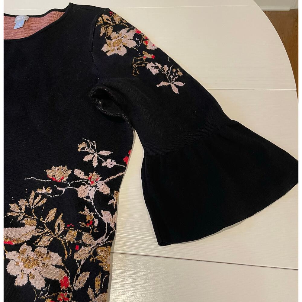 Chico’s Pullover Knit Sweater Floral Sz XXL Bell Sleeves Black Red Gold Metallic - Picture 7 of 10